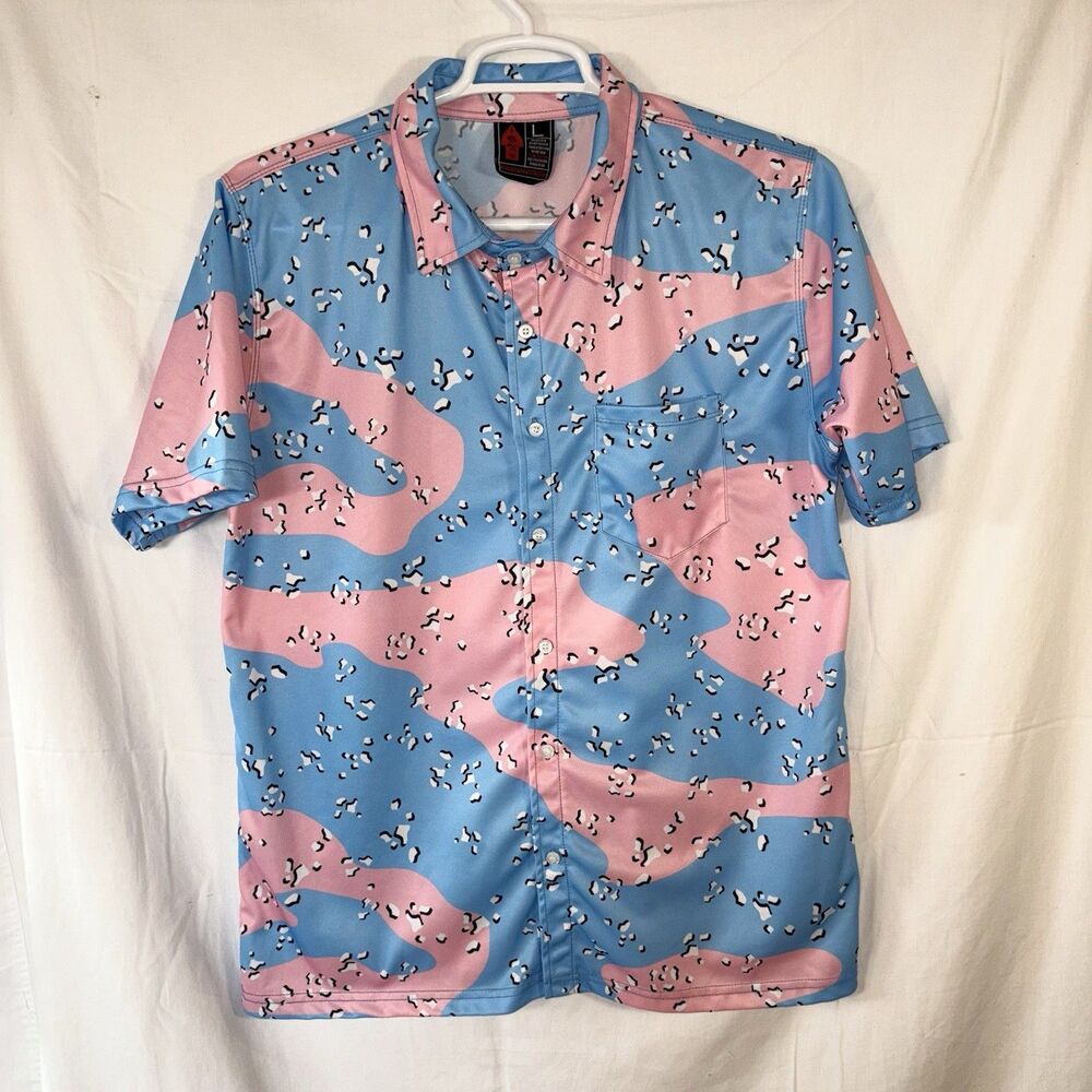 OAF NATION Men's Blue/Pink Camo Button Up Golf Shirt Size L Discontinued Design